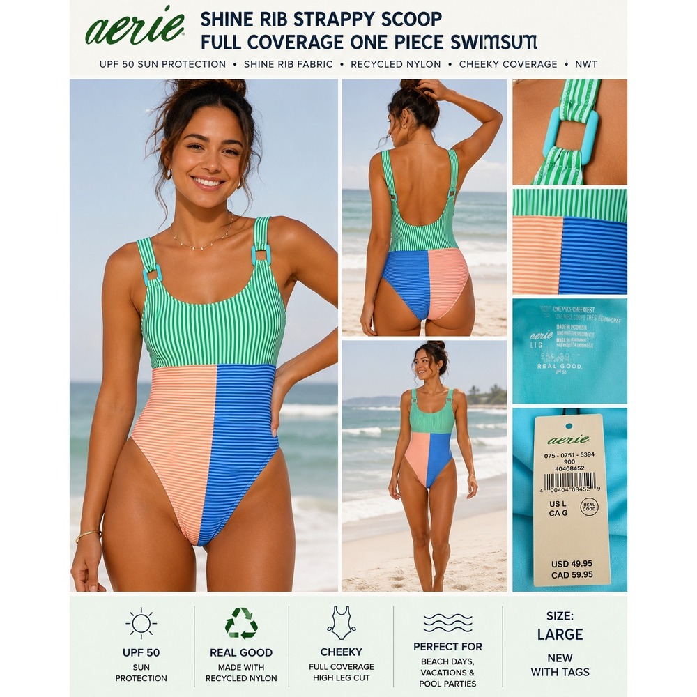 Aerie‎ Shine Rib Strappy Scoop One Piece Swimsuit Sz L Colorblock Stripe UPF 50